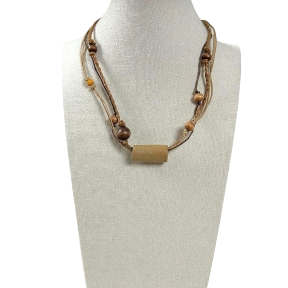 Free People Olsen Ceramic Wood Necklace Boho Layered Choker Natural NWT